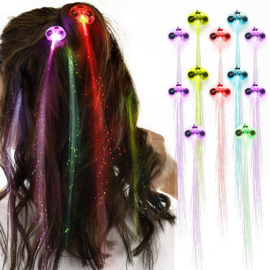 Novelty Place front packaging showing 12 clip-on LED hair extensions and benefits