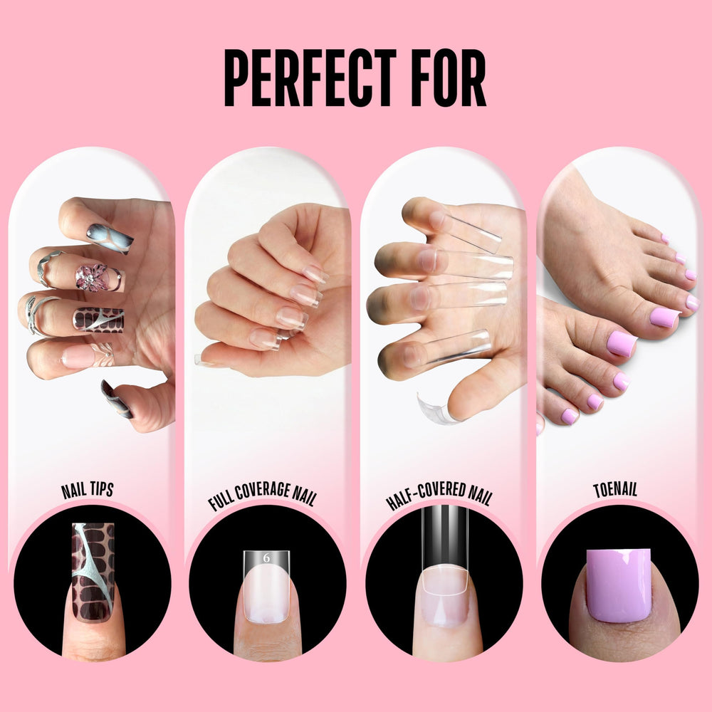 NOVO OVO dried glue on nail sample, crystal-clear glossy finish enhances polish