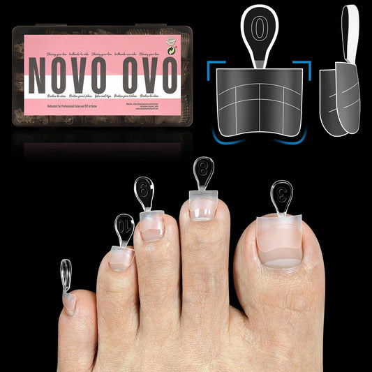 NOVO OVO front packaging showing 240 soft gel toe tips and sizes, clear organization benefit