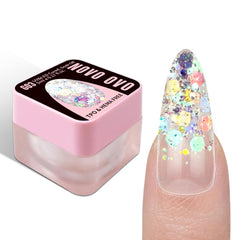 NOVO OVO front jar view showing iridescent glitter and compact packaging benefit