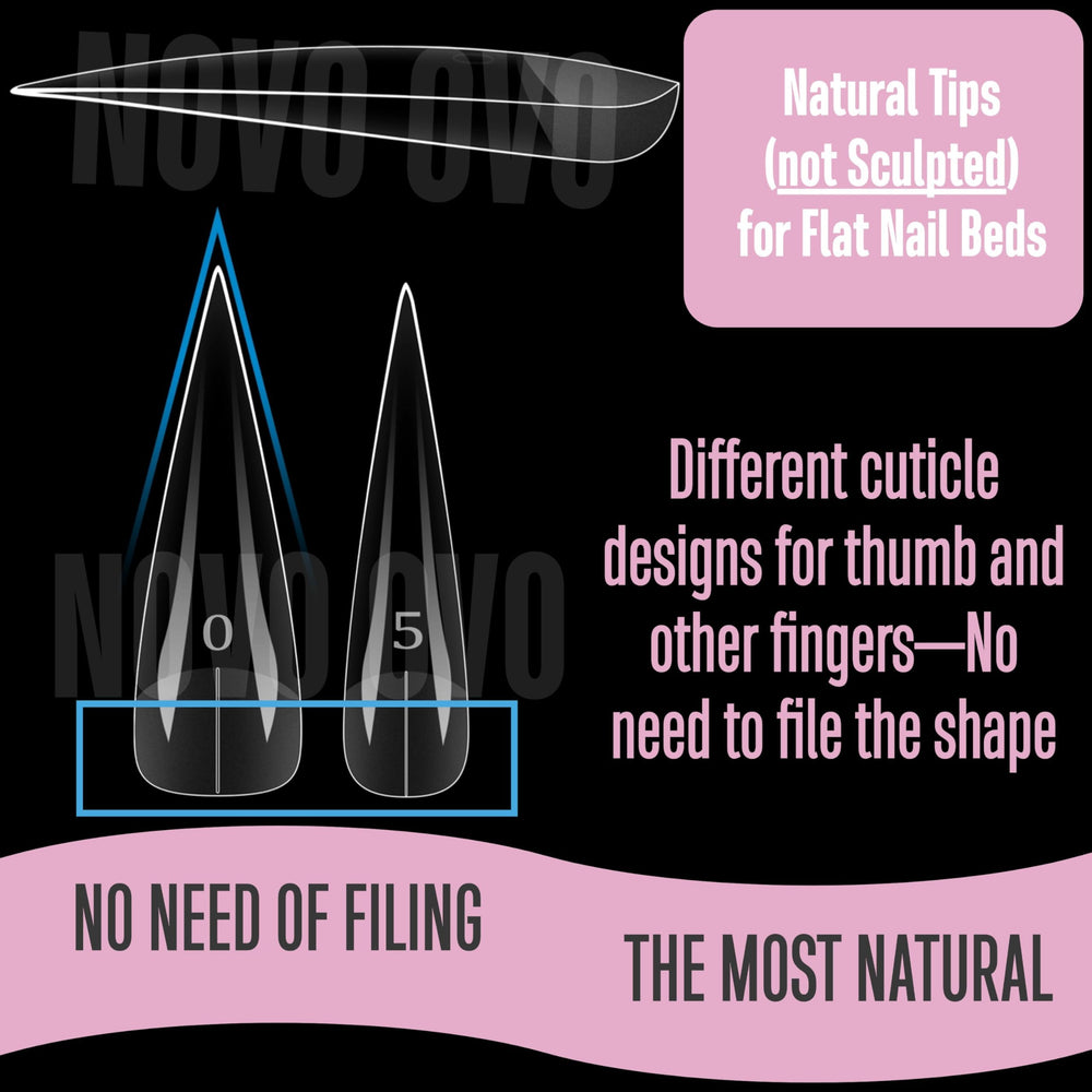 NOVO OVO tips beside a fingertip to show extra-long XXL scale