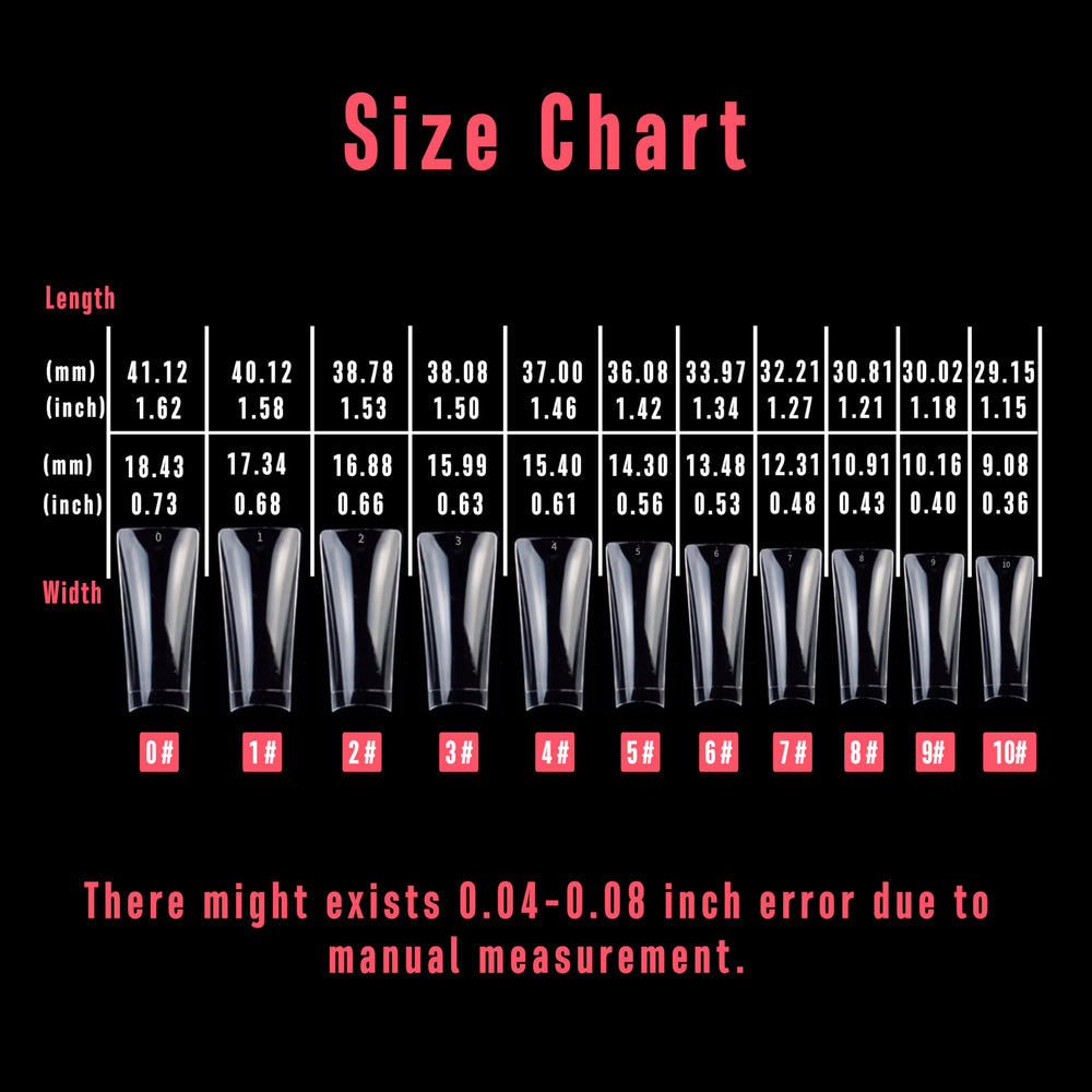 NOVO OVO size comparison spread showing 11 sizes for precise wide-nail fit