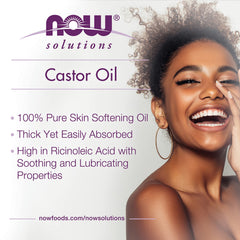 Person applying NOW Foods castor oil to hands demonstrating softening benefit