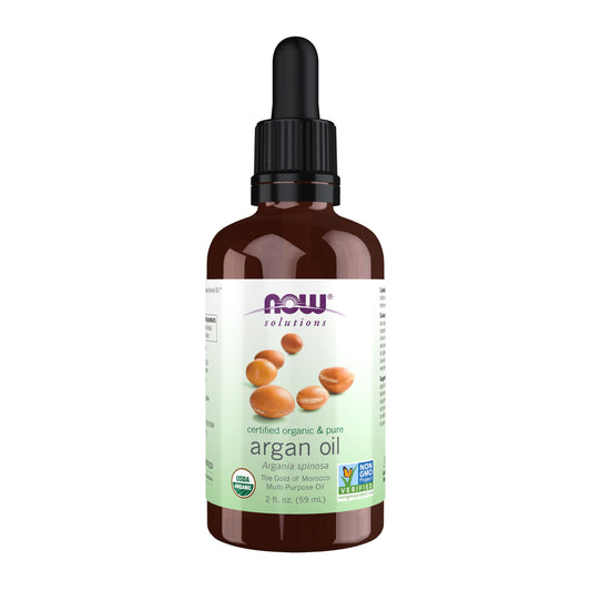 NOW Foods front packaging showing certified organic label and size, clear benefits