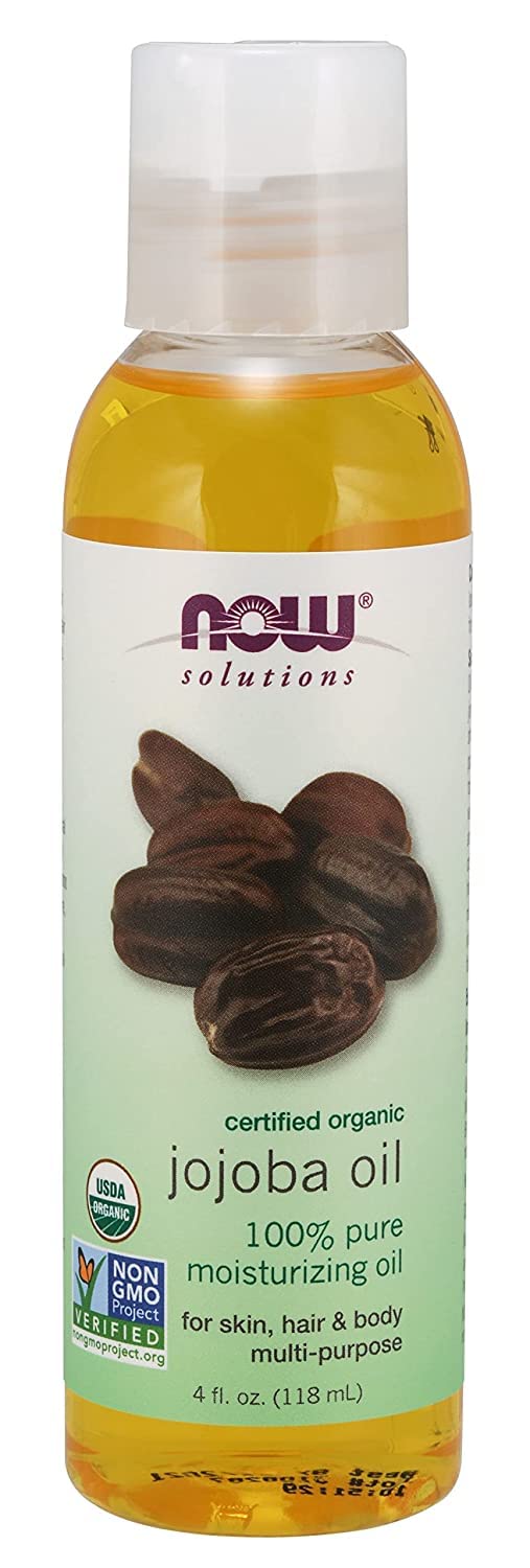 NOW Foods jojoba oil front label showing organic certification and bottle benefit