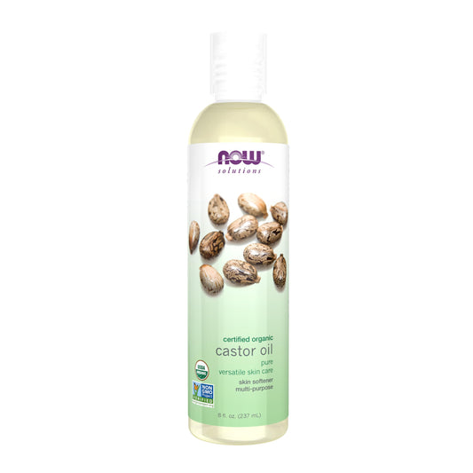 NOW Foods bottle front view showing organic castor oil, clear packaging benefit