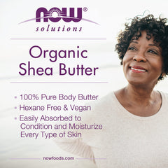NOW Foods rubbing shea butter into dry scalp illustrating conditioning and reduced flakiness