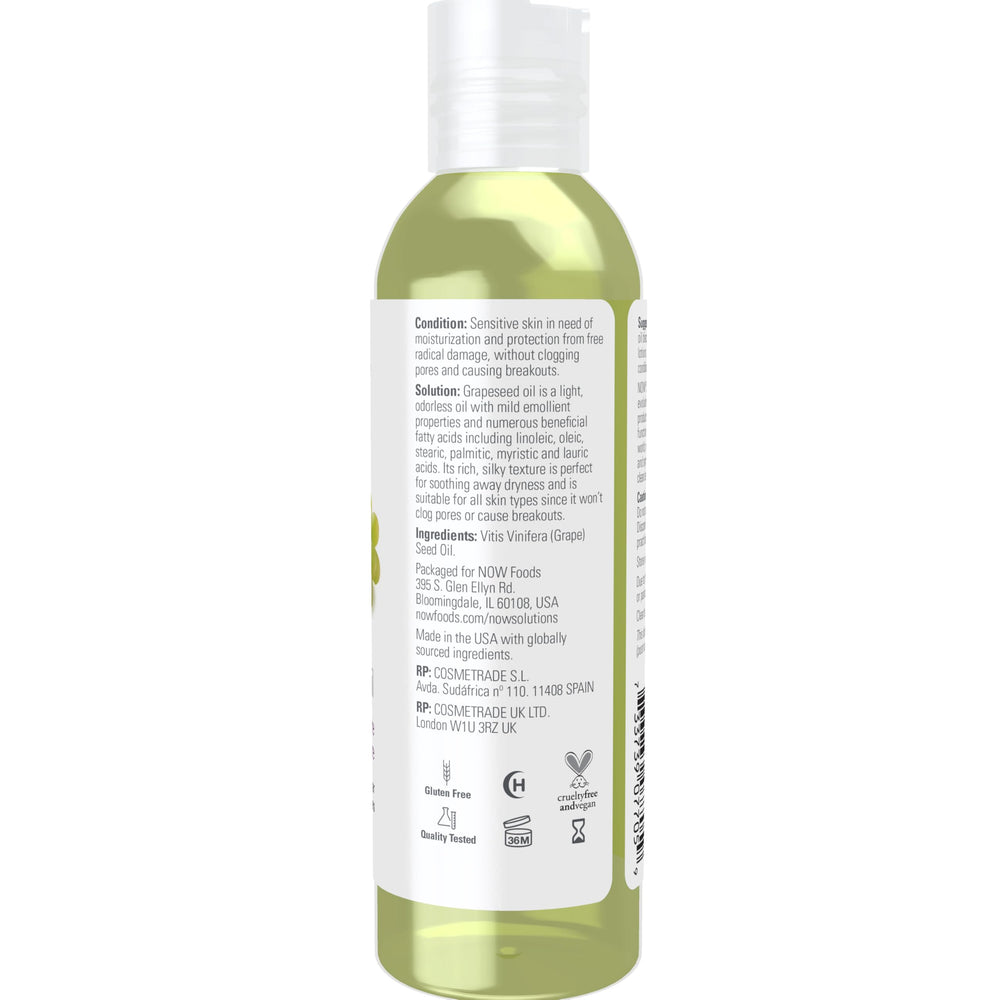 NOW grapeseed oil pouring texture close-up, shows lightweight absorption
