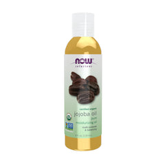 NOW Foods jojoba oil front bottle showing organic label and size benefit