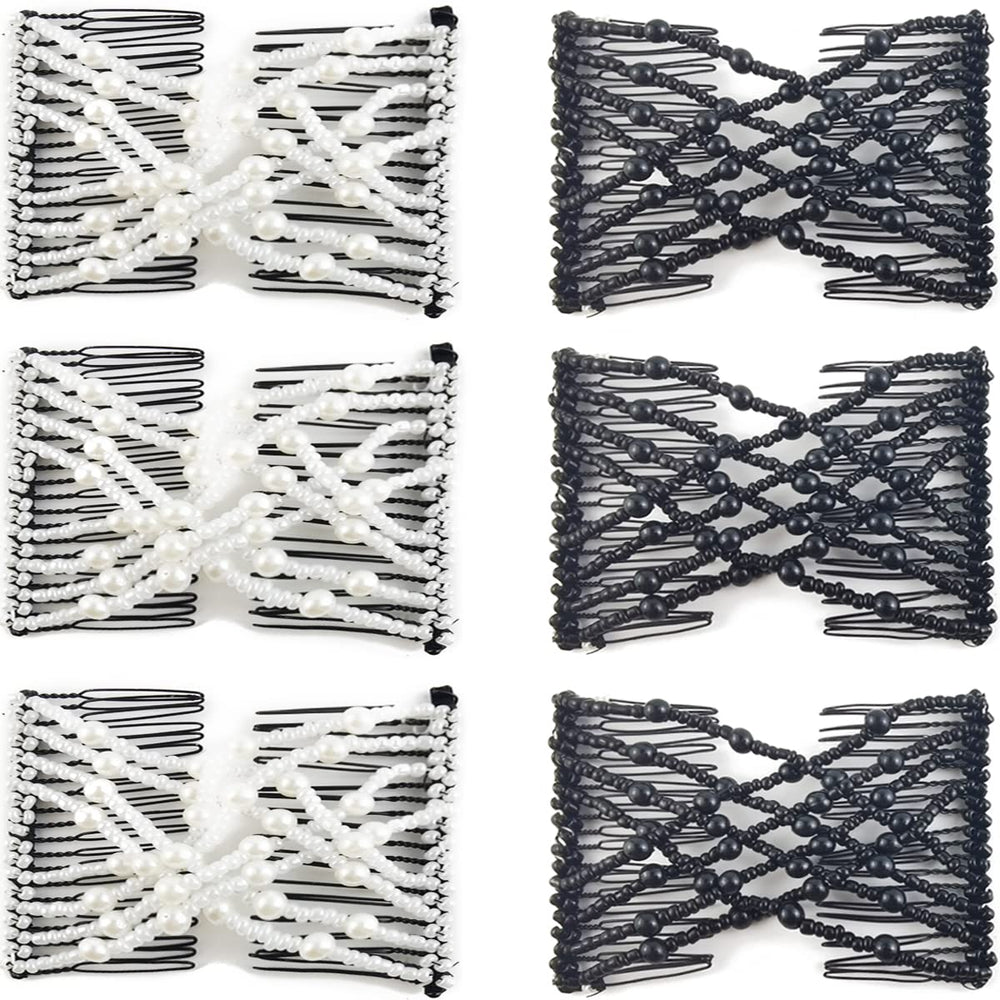 NSBELL front view of six beaded elastic combs showing colors and packaging - decorative finish