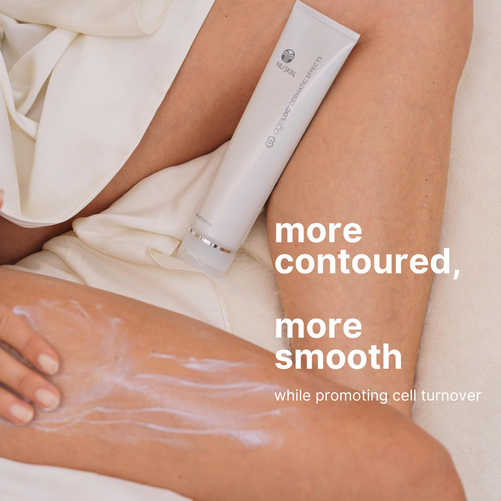 Nu Skin applying lotion to thigh demonstrating targeted firming benefit