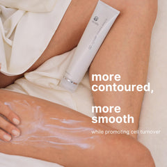 Nu Skin applying lotion to thigh demonstrating targeted firming benefit