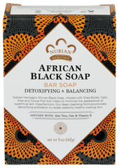 Nubian Heritage front packaging showing the African Black soap benefits