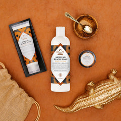 Nubian Heritage lifestyle bathroom shelf display highlighting daily use convenience