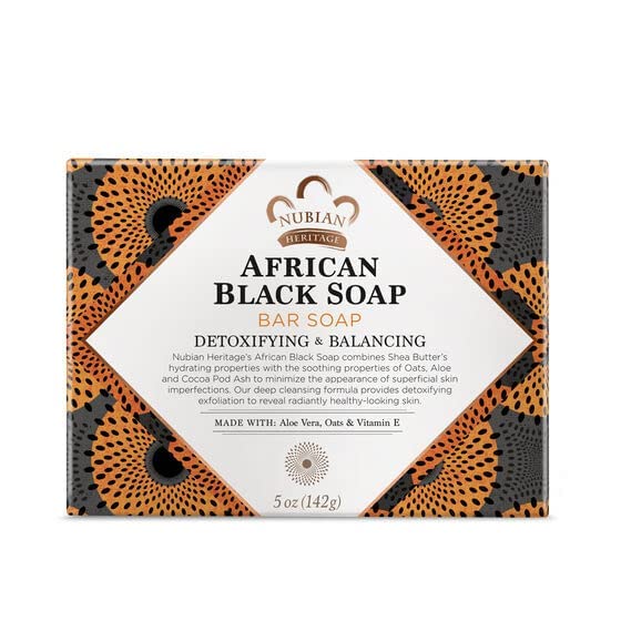 Nubian Heritage soap on bathroom vanity conveying everyday skincare routine benefit