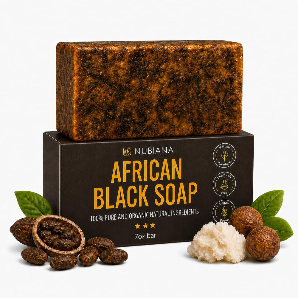 Nubiana front packaging showing natural handmade black soap benefits