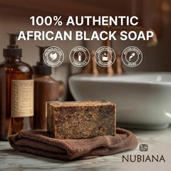 Nubiana label closeup listing cocoa pod ash and unrefined shea butter