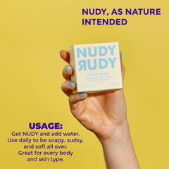 Nudy Rudy label closeup listing gentle ingredients and clean formulation