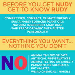 Nudy Rudy puck on shower shelf, lifestyle display suggesting fresh fruity scent