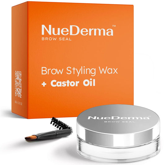 NueDerma front packaging of Brow Seal showing product jar and branding conditioning brows