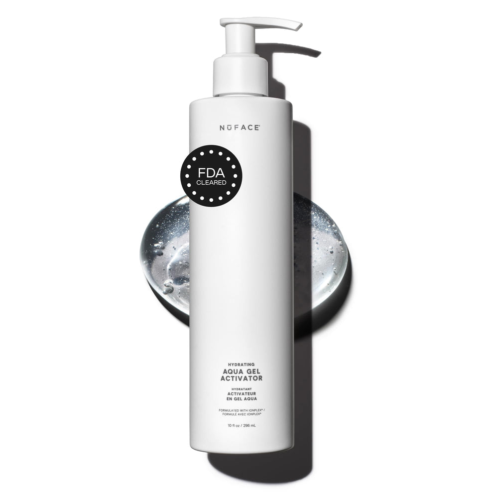 NuFACE gel front packaging showing bottle and product benefit of reliable conductivity