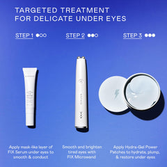NuFACE patch applied under eye demonstrating depuffing and brightening benefit