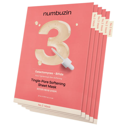 numbuzin No.3 front packaging showing five sheet mask packets and branding benefit hydration