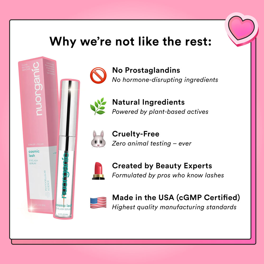 NuOrganic Cosmic Lash bottle next to a ruler to show 8ml XL size and long-lasting value