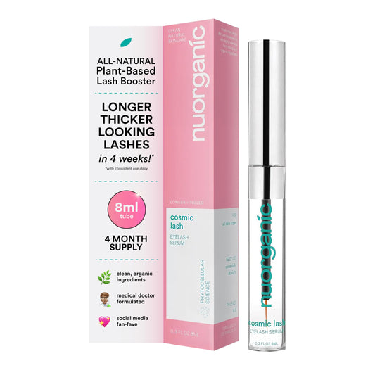 NuOrganic Cosmic Lash front packaging showing XL 8ml bottle and label, clear benefit