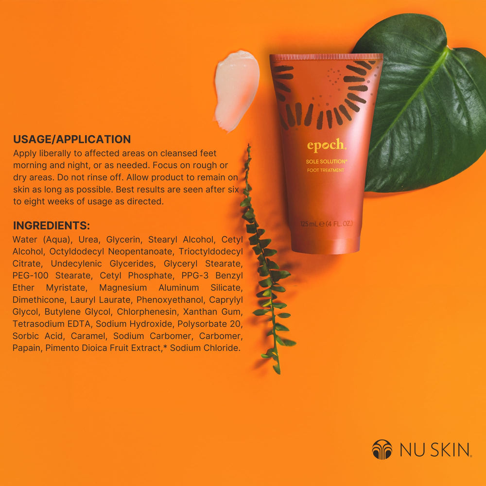 Nu Skin Epoch Sole Solution label open listing 40% urea and key actives