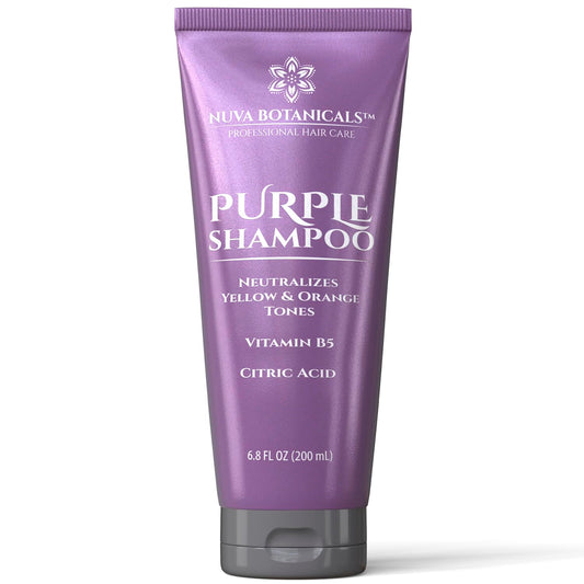 Nuva Botanicals front bottle view showing purple shampoo and benefits
