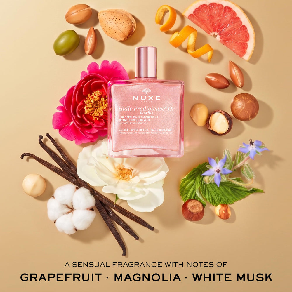 NUXE oil on vanity styled with flowers showing daily routine elegance benefit