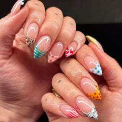 Nxtpz front packaging showing French tip polka dot nails and included accessories for quick manicures