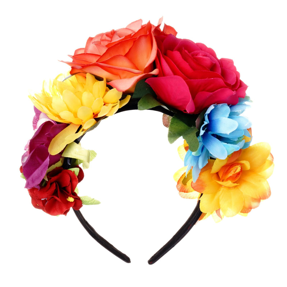 Nydotd front view floral crown showing colorful roses and festive appeal