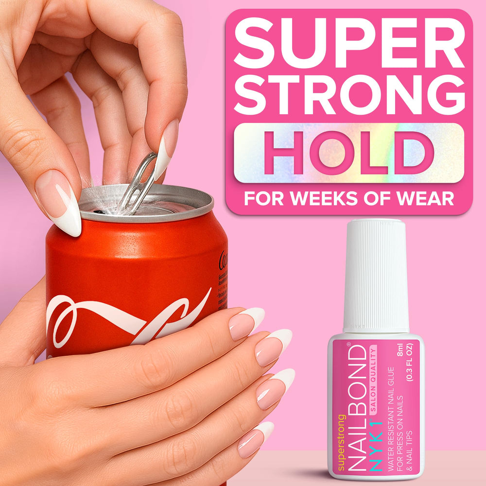 NYK1 NailBond being applied to press-on nails demonstrating quick secure adhesion