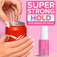 NYK1 NailBond being applied to press-on nails demonstrating quick secure adhesion