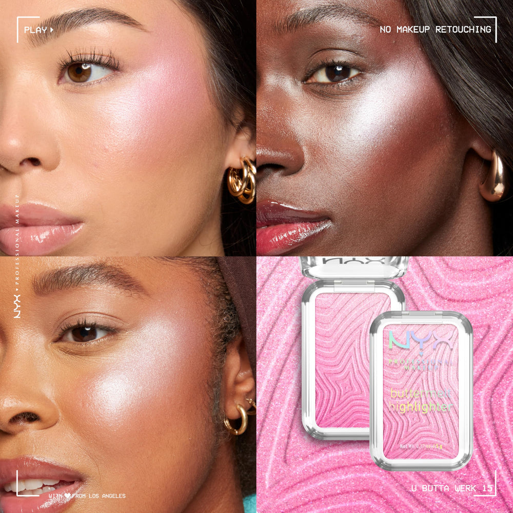 NYX PROFESSIONAL MAKEUP model applying highlighter to cheek for lifted luminous effect