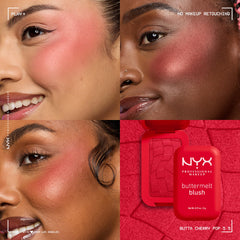 NYX Professional Makeup brush picking up blush for easy, buttery application