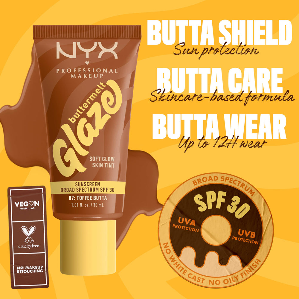 NYX PROFESSIONAL MAKEUP bottle with 07 Toffee Butta label illustrating shade match