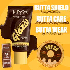 NYX Buttermelt sunscreen label closeup highlighting SPF 30 protection