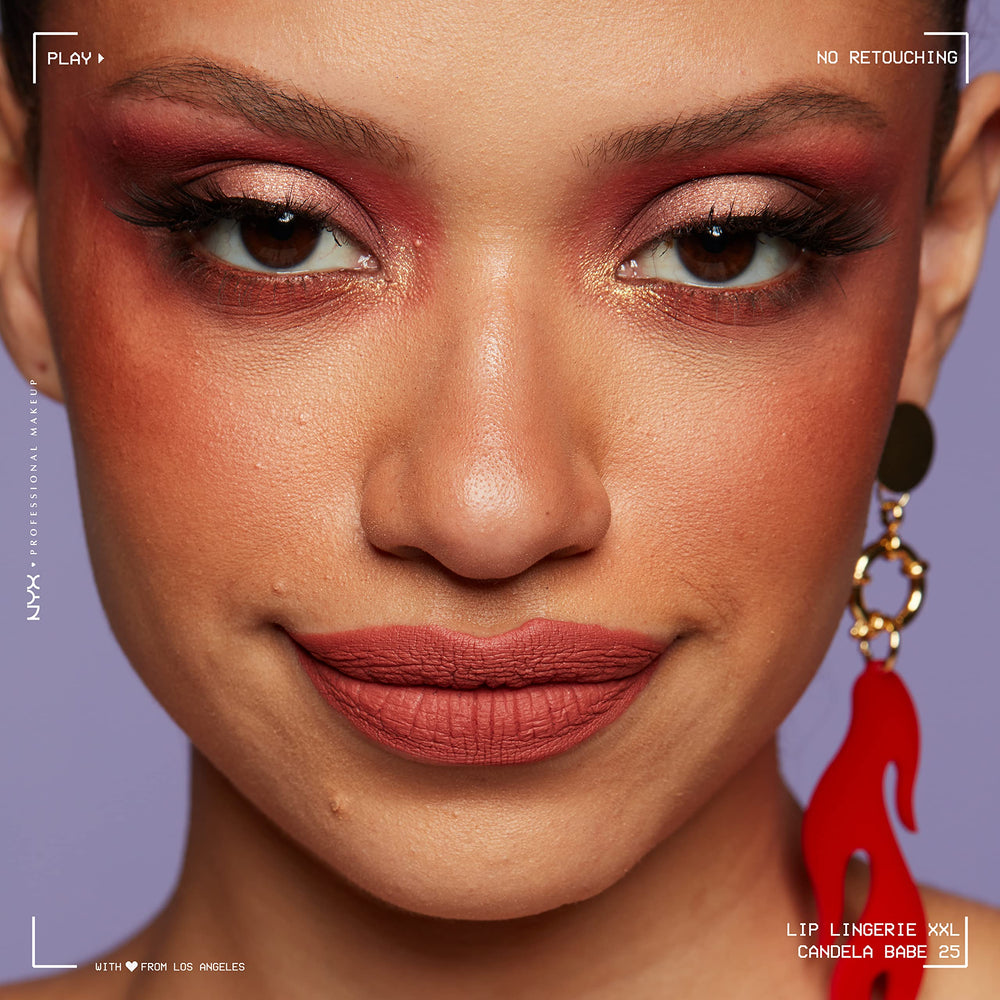 NYX PROFESSIONAL MAKEUP lips wearing full-coverage Candela Babe for defined, fuller-looking pout