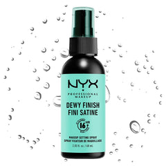 NYX PROFESSIONAL MAKEUP bottle next to makeup bag showing travel-ready benefit