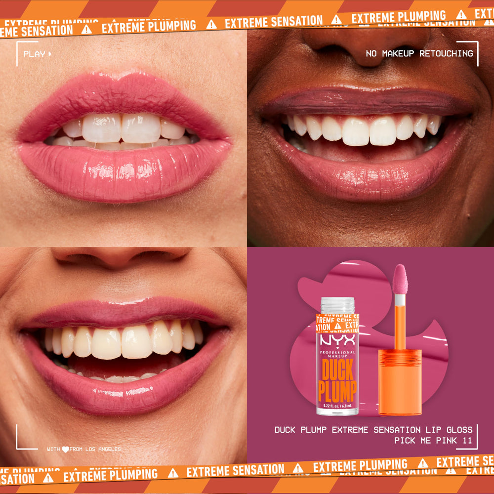 NYX PROFESSIONAL MAKEUP lip swatch on model illustrating plumping effect and high-shine finish benefit