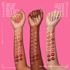 NYX PROFESSIONAL MAKEUP lip swatch on model illustrating plumping shine and color benefit