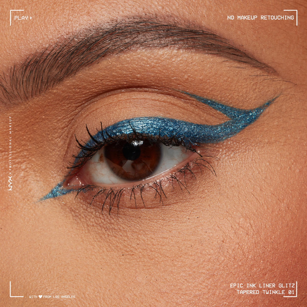 NYX PROFESSIONAL MAKEUP close-up of a winged eye using the teal metallic liner for bold definition