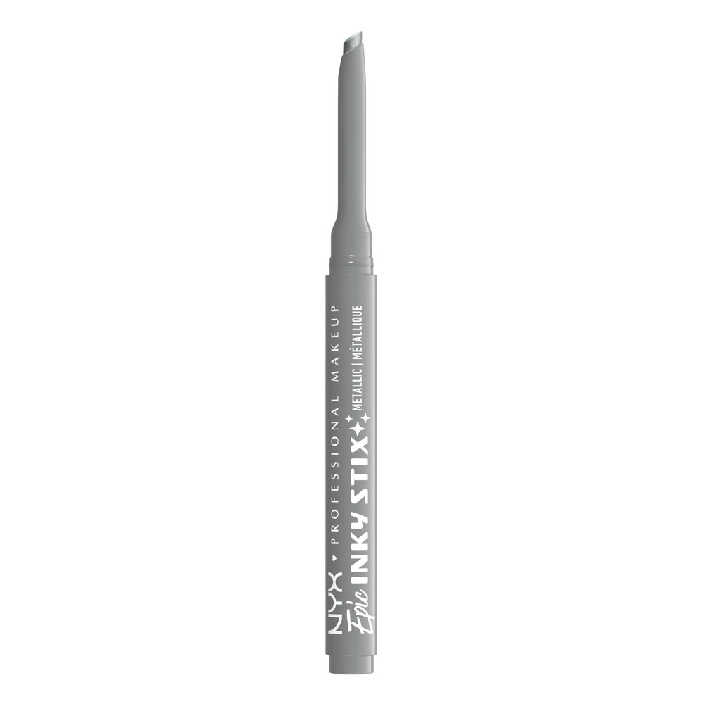 NYX PROFESSIONAL MAKEUP front view of Epic Inky Stix Silver showing sleek packaging and benefit of easy click application
