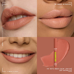 NYX PROFESSIONAL MAKEUP lip swatch on model illustrating true Cozy Whipped nude and flattering finish