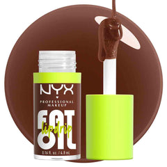 NYX Fat Oil Lip Drip on lips in use showing dusty brown shine and hydrating benefit