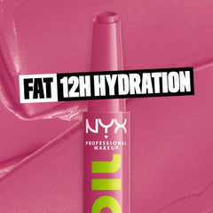 NYX PROFESSIONAL MAKEUP model applying Fat Oil Slick Click on lips for instant glossy color and comfortable hydration