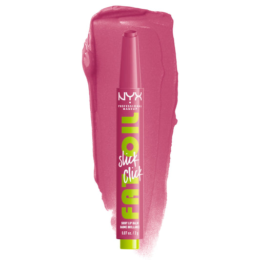 NYX PROFESSIONAL MAKEUP front packaging of Fat Oil Slick Click showing sleek tube and shade label, convenient for quick touch-ups